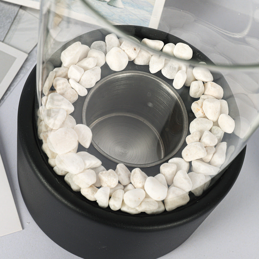 Lámpara de mesa decorativa portátil de vidrio, para interior, moderna, de metal, con fuego real, disponible en negro y blanco, apta para uso en interiores y exteriores.