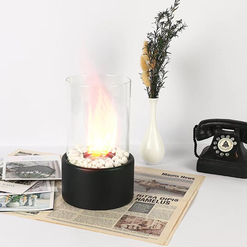 Lámpara de mesa decorativa portátil de vidrio, para interior, moderna, de metal, con fuego real, disponible en negro y blanco, apta para uso en interiores y exteriores.