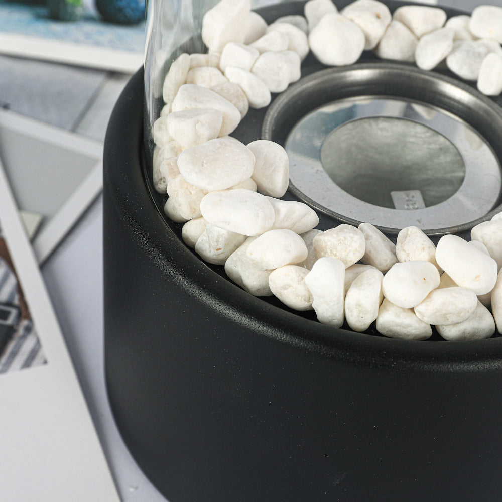 Lámpara de mesa decorativa portátil de vidrio, para interior, moderna, de metal, con fuego real, disponible en negro y blanco, apta para uso en interiores y exteriores.